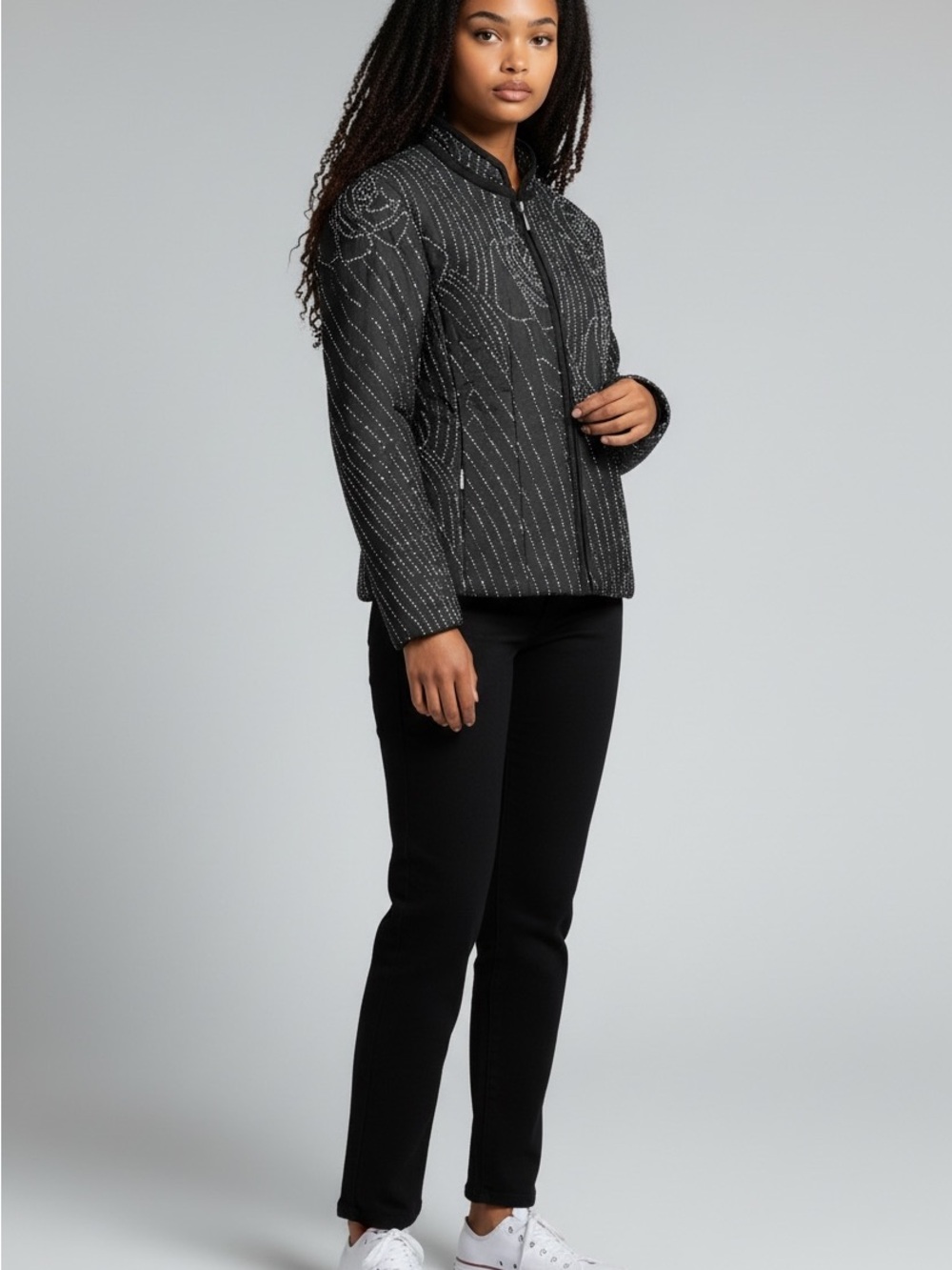 Apanage woomens Black print cropped light weight  Zip-Front Jacket size 6